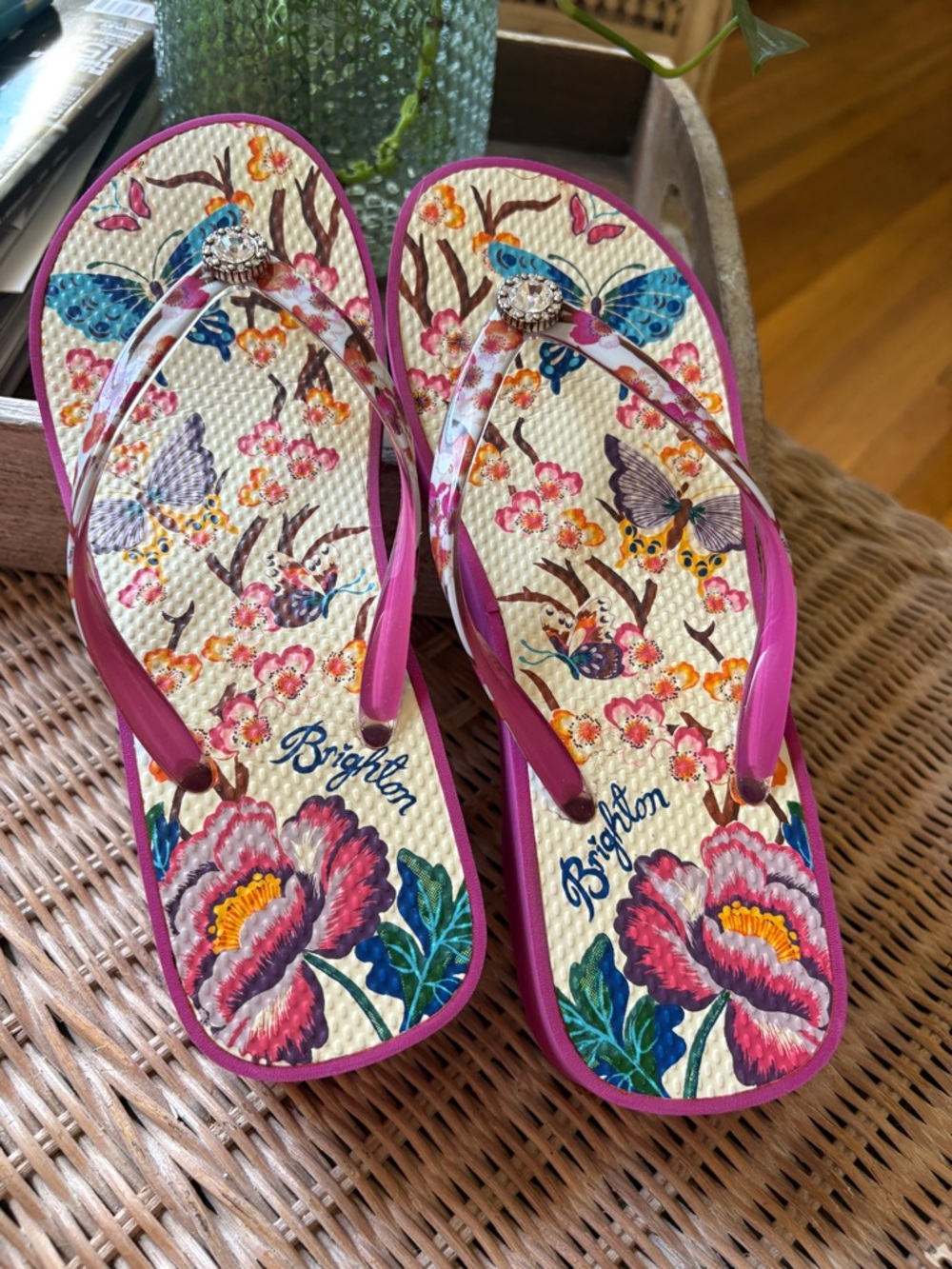 Brighton Pink Floral Butterfly Flip Flops - Picture 2 of 4